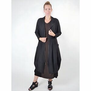 Navy Lagenlook Midi Dress Zip Front Size L Long Sleeve Minimalist Closet Staple